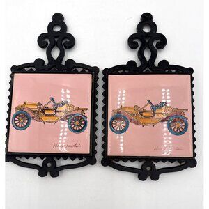 Vtg Crown Japan Hand-Painted Cast Iron Trivet  Antique Car Design Set Of 2